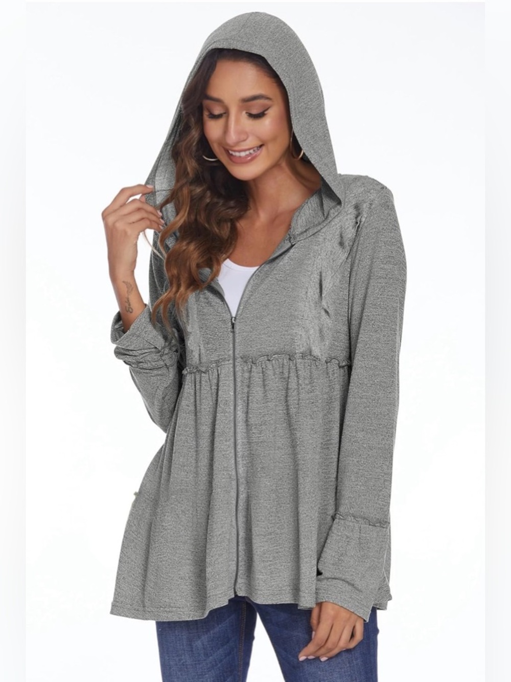 Deesha Gray Zip-up Ruffled Peplum Hoodie